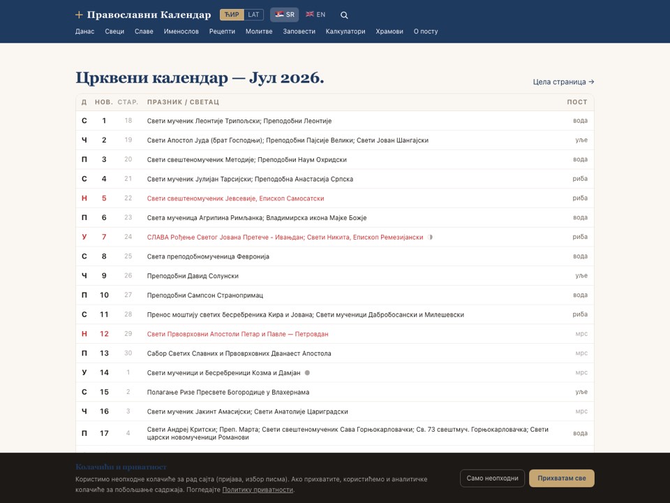 Sajt — Pravoslavni crkveni kalendar